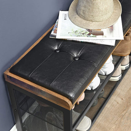 Shoe Bench with Mesh Shelf and Faux Leather Vintage Brown Black 80 x 30 x 48 cm.
