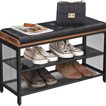 Shoe Bench with Mesh Shelf and Faux Leather Vintage Brown Black 80 x 30 x 48 cm.