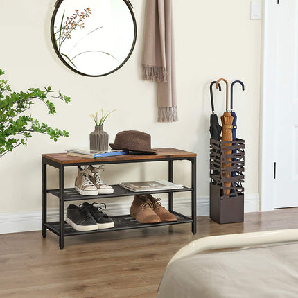 Shoe Rack with 2 Mesh Shelves, Rustic Brown and Black.