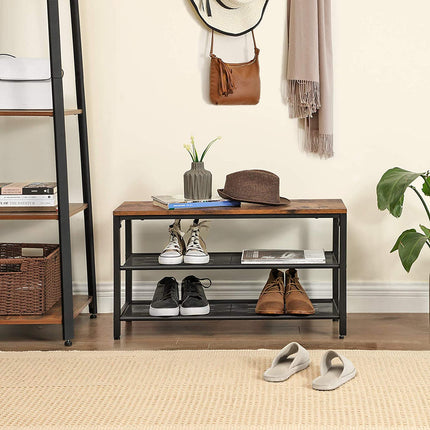 Shoe Rack with 2 Mesh Shelves, Rustic Brown and Black.