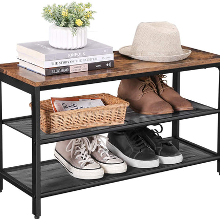 Shoe Rack with 2 Mesh Shelves, Rustic Brown and Black.