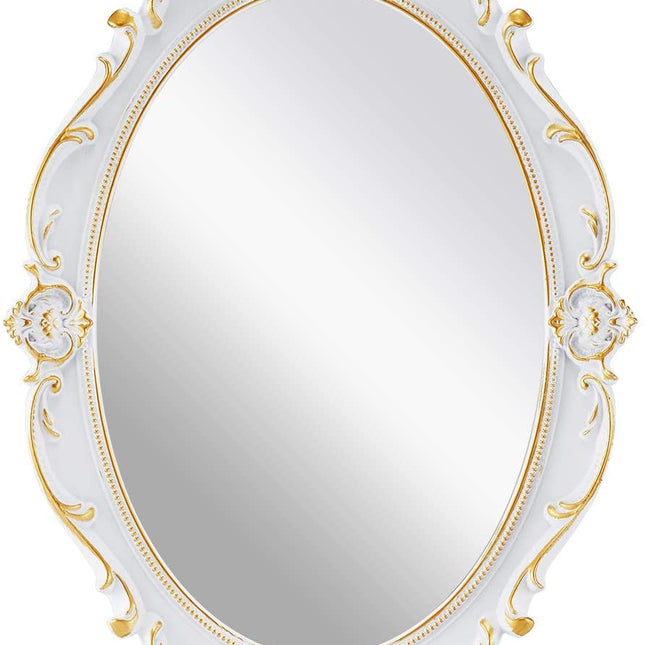 Oval Antique White 25 x 38 cm Vintage Carved Hanging Wall Mirror for Bedroom and Living-Room.