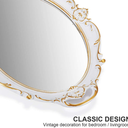 Oval Antique White 25 x 38 cm Vintage Carved Hanging Wall Mirror for Bedroom and Living-Room.