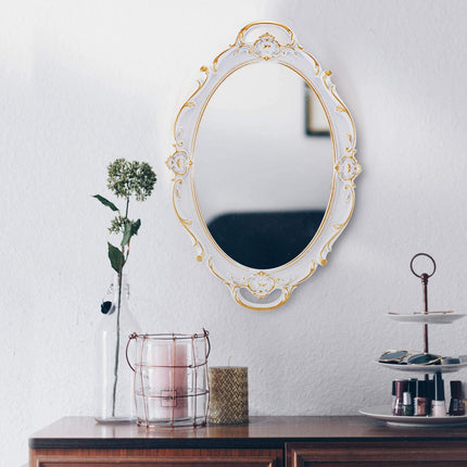 Oval Antique White 25 x 38 cm Vintage Carved Hanging Wall Mirror for Bedroom and Living-Room.