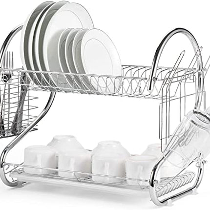 2 Tier Dish Rack with Drain Board for Kitchen Counter and Plated Chrome Dish Dryer Silver 42 x 25,5 x 38 cm.