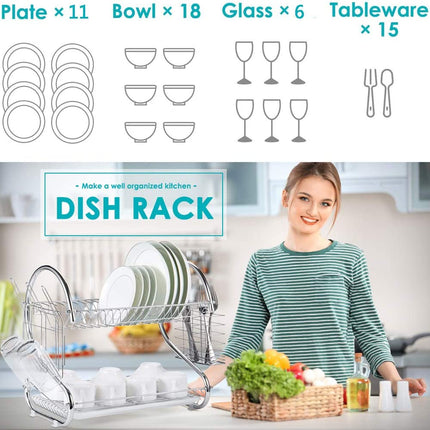 2 Tier Dish Rack with Drain Board for Kitchen Counter and Plated Chrome Dish Dryer Silver 42 x 25,5 x 38 cm.