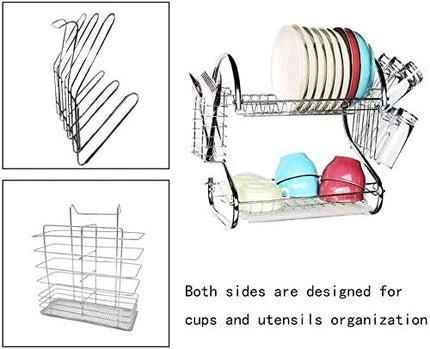 2 Tier Dish Rack with Drain Board for Kitchen Counter and Plated Chrome Dish Dryer Silver 42 x 25,5 x 38 cm.