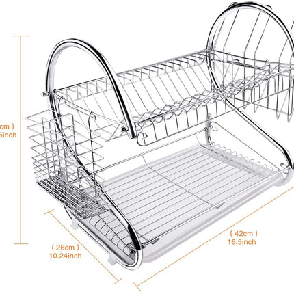 2 Tier Dish Rack with Drain Board for Kitchen Counter and Plated Chrome Dish Dryer Silver 42 x 25,5 x 38 cm.