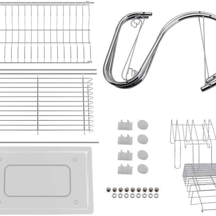 2 Tier Dish Rack with Drain Board for Kitchen Counter and Plated Chrome Dish Dryer Silver 42 x 25,5 x 38 cm.