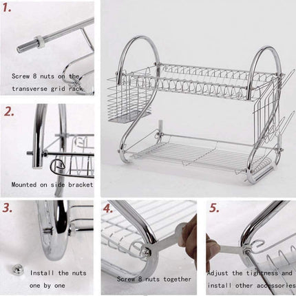 2 Tier Dish Rack with Drain Board for Kitchen Counter and Plated Chrome Dish Dryer Silver 42 x 25,5 x 38 cm.