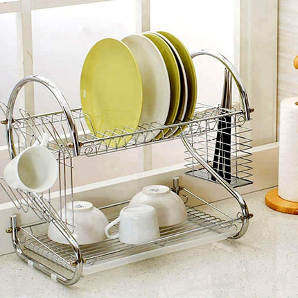 2 Tier Dish Rack with Drain Board for Kitchen Counter and Plated Chrome Dish Dryer Silver 42 x 25,5 x 38 cm.