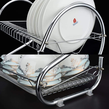 2 Tier Dish Rack with Drain Board for Kitchen Counter and Plated Chrome Dish Dryer Silver 42 x 25,5 x 38 cm.