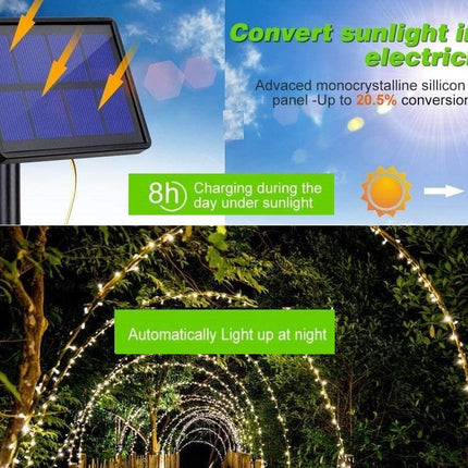 20m 200 LED Solar Powered Outdoor Lights with 8 Lighting Modes and Waterproof for Home,Garden and Decoration.