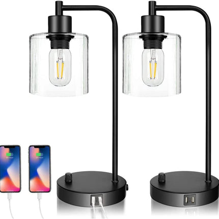 2x Pack Industrial Table Lamp with 2 USB Port for Bedside Nightstand Desk and Living Room Office (Bulb not Included).