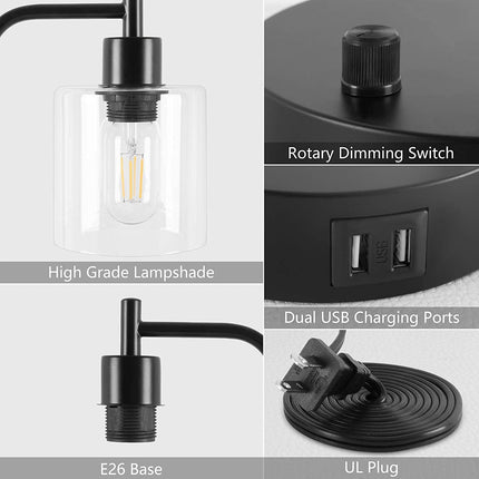 2x Pack Industrial Table Lamp with 2 USB Port for Bedside Nightstand Desk and Living Room Office (Bulb not Included).