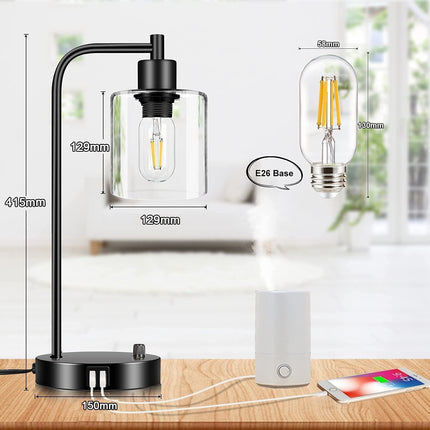 2x Pack Industrial Table Lamp with 2 USB Port for Bedside Nightstand Desk and Living Room Office (Bulb not Included).