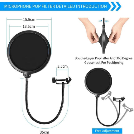Microphone Radio Broadcasting Stand with 3/8"to 5/8" Screw Adapter and Windscreen Pop Filter.