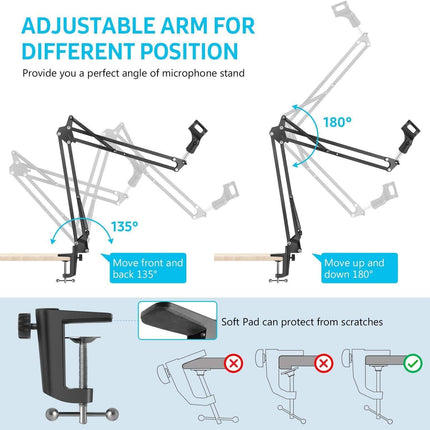 Microphone Radio Broadcasting Stand with 3/8"to 5/8" Screw Adapter and Windscreen Pop Filter.