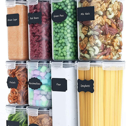 14 Pieces Airtight Food Storage and BPA Free Plastic with Easy Lock Black Lids Labels for Kitchen.