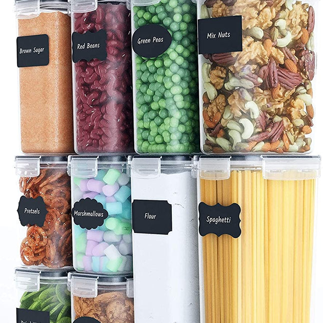 14 Pieces Airtight Food Storage and BPA Free Plastic with Easy Lock Black Lids Labels for Kitchen.
