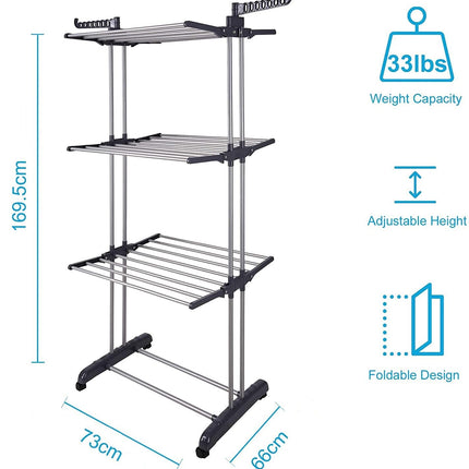 3 Tier Foldable Clothes Drying Rack for Laundry Dryer with Hanger Stand Rail Indoor.