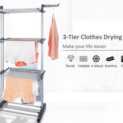 3 Tier Foldable Clothes Drying Rack for Laundry Dryer with Hanger Stand Rail Indoor.