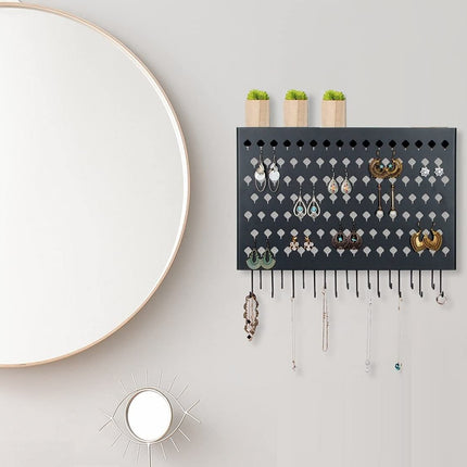 Wall Mount Earring Jewelry Hanger Organizer Holder with 109 Holes and 19 Hooks (Black).