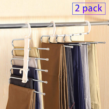 2 Pack Adjustable Multi-Layer 5 in 1 Pants Hanger for Wardrobe and Home Storage (White).