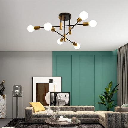 Mid Century Chandelier Modern, 6-Light , Black & Gold.