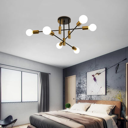 Mid Century Chandelier Modern, 6-Light , Black & Gold.