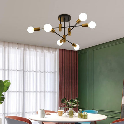 Mid Century Chandelier Modern, 6-Light , Black & Gold.