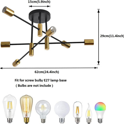 Mid Century Chandelier Modern, 6-Light , Black & Gold.