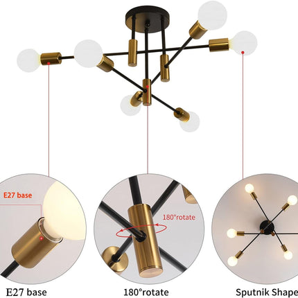 Mid Century Chandelier Modern, 6-Light , Black & Gold.