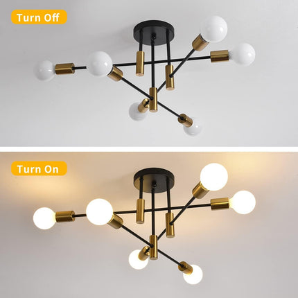 Mid Century Chandelier Modern, 6-Light , Black & Gold.