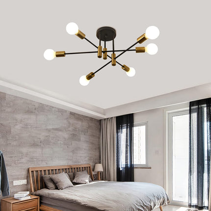 Mid Century Chandelier Modern, 6-Light , Black & Gold.