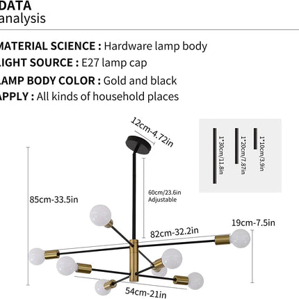 Sputnik Chandelier Modern Industrial, 8-Light , Black & Gold.