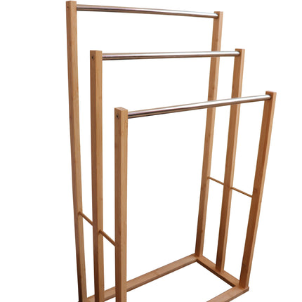 Bamboo Towel Bar Metal Holder Rack 3-Tier Freestanding for Bathroom and Bedroom.