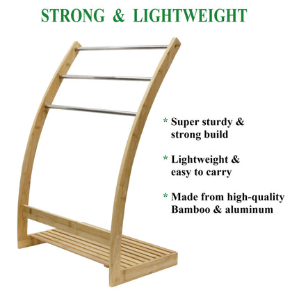 Bamboo Towel Bar Metal Holder Rack 3-Tier Freestanding and Bottom shelf for Bathroom.
