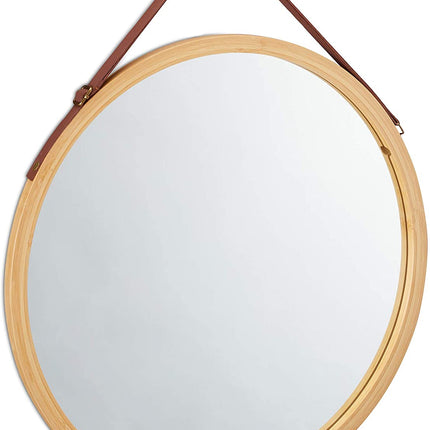 Hanging Round Wall Mirror 45 cm - Solid Bamboo Frame and Adjustable Leather Strap for Bathroom and Bedroom.