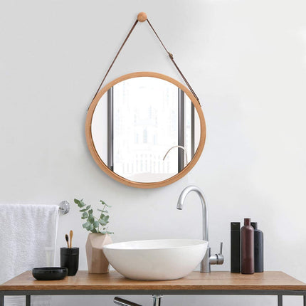 Hanging Round Wall Mirror 45 cm - Solid Bamboo Frame and Adjustable Leather Strap for Bathroom and Bedroom.