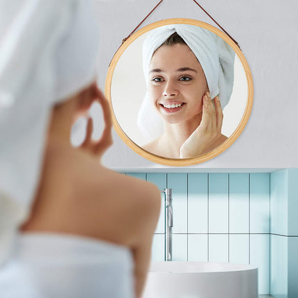 Hanging Round Wall Mirror 45 cm - Solid Bamboo Frame and Adjustable Leather Strap for Bathroom and Bedroom.