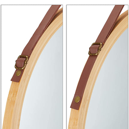 Hanging Round Wall Mirror 45 cm - Solid Bamboo Frame and Adjustable Leather Strap for Bathroom and Bedroom.