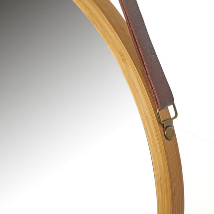 Hanging Round Wall Mirror 45 cm - Solid Bamboo Frame and Adjustable Leather Strap for Bathroom and Bedroom.