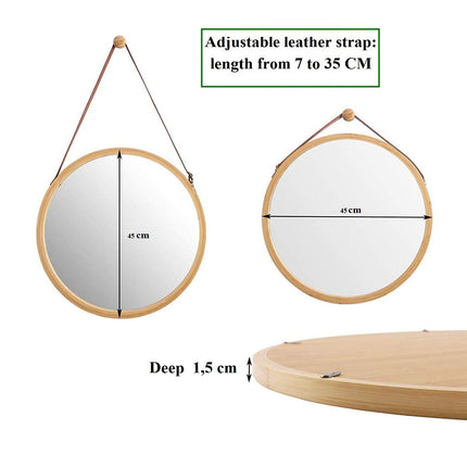 Hanging Round Wall Mirror 45 cm - Solid Bamboo Frame and Adjustable Leather Strap for Bathroom and Bedroom.