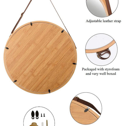Hanging Round Wall Mirror 45 cm - Solid Bamboo Frame and Adjustable Leather Strap for Bathroom and Bedroom.