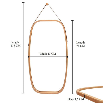 Hanging Full Length Wall Mirror - Solid Bamboo Frame and Adjustable Leather Strap for Bathroom and Bedroom.