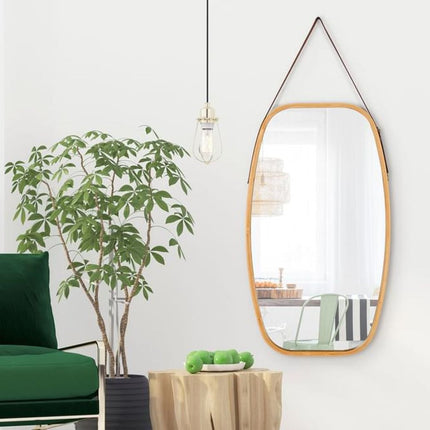 Hanging Full Length Wall Mirror - Solid Bamboo Frame and Adjustable Leather Strap for Bathroom and Bedroom.