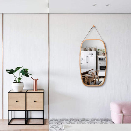 Hanging Full Length Wall Mirror - Solid Bamboo Frame and Adjustable Leather Strap for Bathroom and Bedroom.