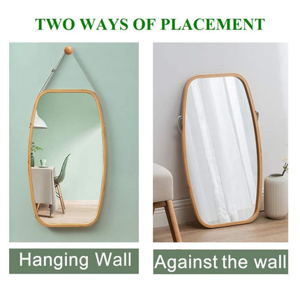 Hanging Full Length Wall Mirror - Solid Bamboo Frame and Adjustable Leather Strap for Bathroom and Bedroom.