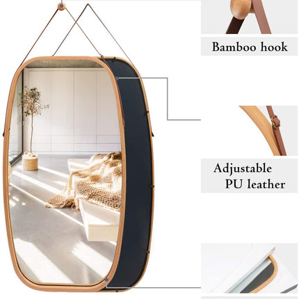 Hanging Full Length Wall Mirror - Solid Bamboo Frame and Adjustable Leather Strap for Bathroom and Bedroom.